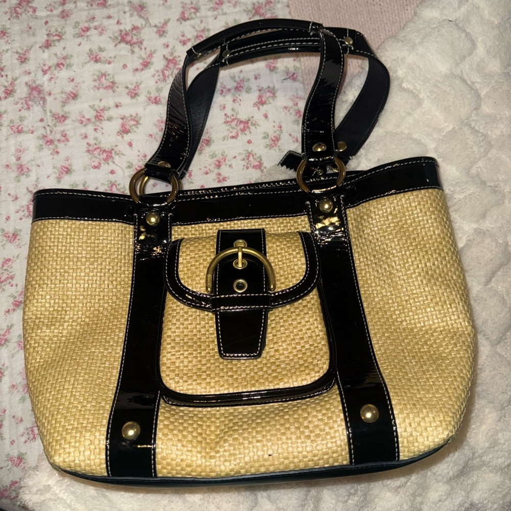 Black Trim Straw Tote Shoulder Bag